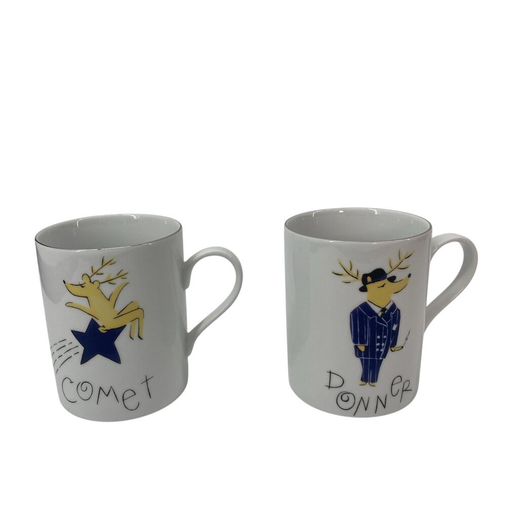 Pottery Barn Christmas Reindeer Mugs (2) Comet & Donner